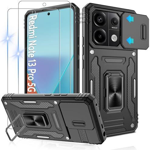 Jshru Handyhülle für Xiaomi Redmi Note 13 Pro 5G /Poco X6 5G Hülle Kameraschutz Slide mit 2 Stück Schutzfolie Stoßfest Schutzhülle,Ring Ständer Case für Redmi Note 13 Pro 5G,Schwarz