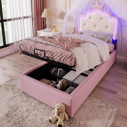 Jaxenor Bett 90x200 Polsterbett MäDchen Bett mit Led und Kopfteil Lattenrost, Pu Prinzessin Bettgestell mit Hydraulischer Stauraum füR MäDchen Teenager, (Ohne Matratze) Rosa