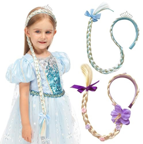2 Stück Haarreif Prinzessin Zopf, Haarreifen Mädchen, Geflochtene Prinzessin Perücken, Dress Up Zubehör Mädchen Perücke Prinzessin Perücke Zopf für Geburtstag Party Cosplay (Rosa)