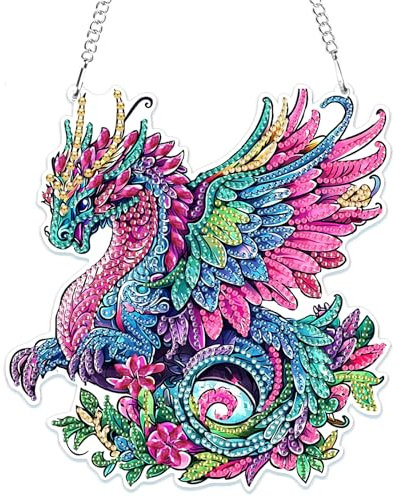 MOGTAA 5D Drache Diamond Painting Anhänger, Tiere Diamond Painting mit Kette Kinder Erwachsene, Diamant Painting Fensterbilder, Hängende Ornament Bastelset Set für Wand Und Eingang Decor