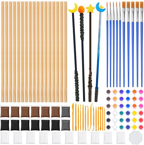 32 Pieces Baguettes Magiques En Bois, Diy Wizard Bacchetta Magica Pour Enfants avec 4 Couleurs D'Argile, 12 Couleurs Acryliques, 14 Outils De Moulage pour Enfants Anniversaire Bricolage