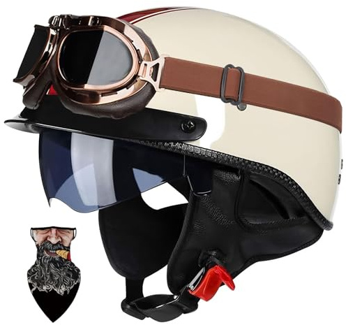 Halbschalenhelm Motorradhelm mit ABS-Schale ECE-zertifizierter Schnellverschluss und abnehmbarem Visier für Erwachsene | Chopper Helm, Mofa Helm Retro, JetHelm Halbhelm für Scooter