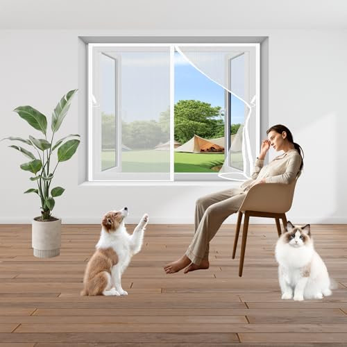 Moustiquaire pour Fenêtre 90 x 120 cm Moustiquaire Fenêtre Magnétique Universelle Transparente Fermeture Automatique Filet de Fenêtre pour Balcon et Salon, Blanc