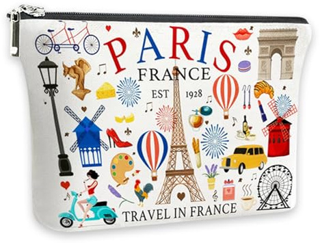 Trousse de maquillage de voyage Paris - Petite trousse de maquillage avec doublure - En lin - Cadeau Paris - Petite trousse de maquillage avec impression des deux côtés - Cadeau pour voyageurs, amis