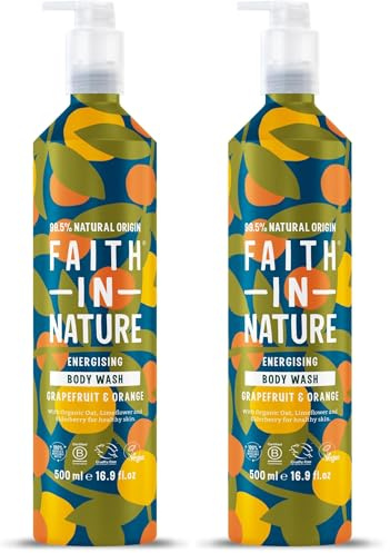 Faith In Nature 500ml Metal Bottle Natural Grapefruit and Orange Body Wash, Energising Shower Gel, Vegan and Cruelty Free, No SLS or Parabens (Pack of 2)