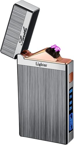 SKRFIRE Sturmfeuerzeug USB Wiederaufladbar Feuerzeug Elektro mit Klickgeräusch Ladestandsanzeige LED Taschenlampe und gezogenem Metallgehäuse für Outdoor Camping Grillen Kerzen Feuerzeuge (Silber)