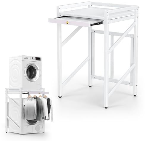 Regal über Waschmaschine, Waschmaschinenschrank mit Trockner mit 2 Einstellbare Höhe 350kg Ladungskapazität, Waschmaschinen Regal Waschmaschinenregal mit Stahlrahmen für Badezimmer Balkon 74*64*113cm