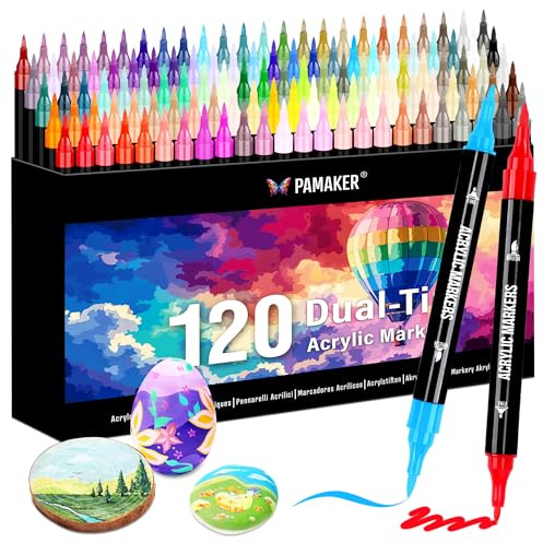 Pamaker 120 Farben Acrylstifte Set – Acrylmarker mit feiner Spitze und Pinsel für Stoff, Leinwand, Glas, Holz und Papier – zum Zeichnen und DIY-Bastelprojekte