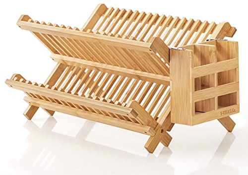HB-life Égouttoir à vaisselle pliable à 2 étages en bambou avec support pour ustensiles de cuisine