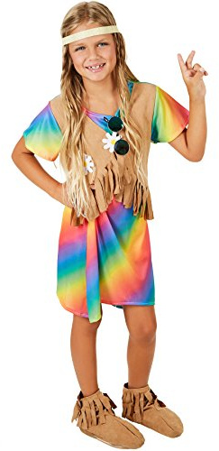 dressforfun Mädchenkostüm Blumenkind | Kleid in Regenbogenfarben | Inkl. Weste in Veloursleder-Optik (11-12 Jahre)
