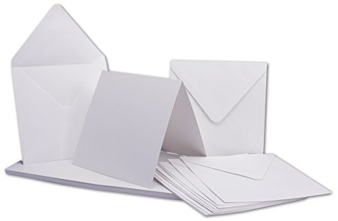 50 x Klapp-Karten Set Quadratisch Weiß/Hoch-weiss - Falt-Karte 13,5 x 13,5 cm - 240 g/m² mit Brief-Umschlägen quadratisch - 14 x 14 cm - 120 g/m² Nassklebung