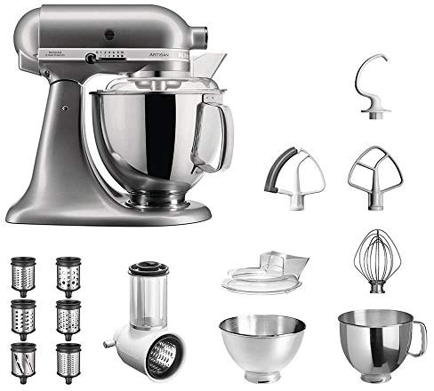 KitchenAid Küchenmaschine Artisan 5KSM175PS Veggie S Paket | mit TOP Zubehör: Gemüseschneider mit drei Trommeln sowie zusätzlichem Raspel und Reibenpaket mit 3 weiteren Trommeln (Kontur Silber)