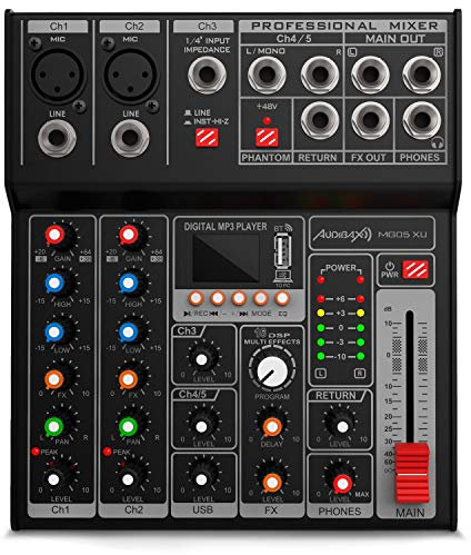 Audibax MG05 XU - Console di Missaggio - Mixer Audio a 5 Canali - Interfaccia USB - Potenziometro di Controllo del Volume - DSP Multieffetti - Alimentazione Phantom 48 V