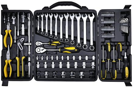 STANLEY STMT81243 110-Piece High Quality Multi-Toolkit containing Pliers, Spanners, Drivers, Sockets, Bits, Wrenches & Ratchets for Home, DIY & Professional Use, 1 Year Warranty, Yellow & Black