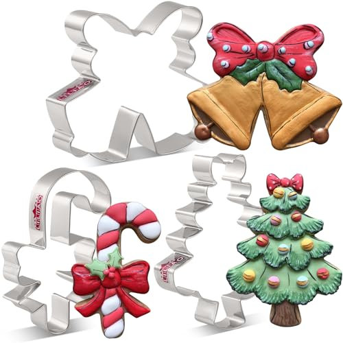 LILIAO Weihnachten Süße Ausstechformen Set - 3-teilig - Zuckerstange mit Schleife, Weihnachtsbaum mit Schleife und Doppelglocke mit Schleife / Band Fondant Keksausstecher - Edelstahl