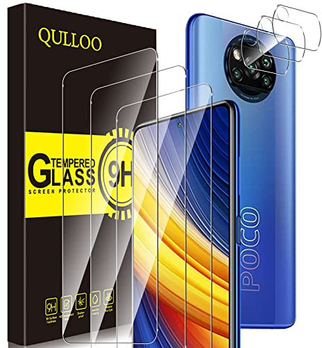 QULLOO Protector de Pantalla para Xiaomi Poco X3 Pro/Poco X3 NFC [3 Piezas] + Protector de Lente de Cámara [3 Piezas], 9H HD Alta Sensibilidad Cristal Templado para Xiaomi Poco X3 Pro/Poco X3 NFC