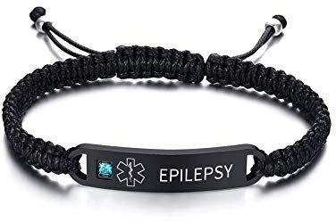 PJ JEWELLERY Epilepsy Adjustable Braided Rope Medical ID Bracelets Paracord Weaving Medical Alert Macrame ID Bracelets for Men Women