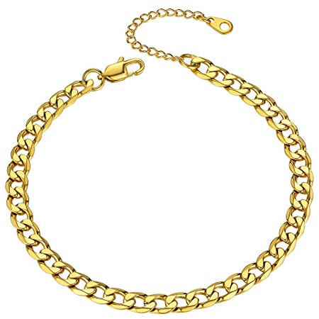 GoldChic Jewelry Chaine de Cheville Plaque Or Femme Maille Cubaine Bracelet au Pied 22 cm Reglable Acier Inoxydable Fille Amitié-Doré-Bijoux Ete Vacance