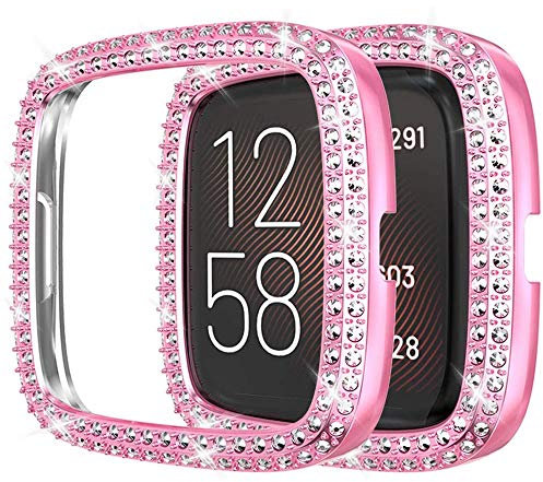 Miimall Kompatibel mit Fitbit Versa 2 Hülle, Strass Glitzer Harter PC Schutzhülle Stoßfest Kratzfest Bling Diamant Bumper Case für Fitbit Versa 2 - Rosa
