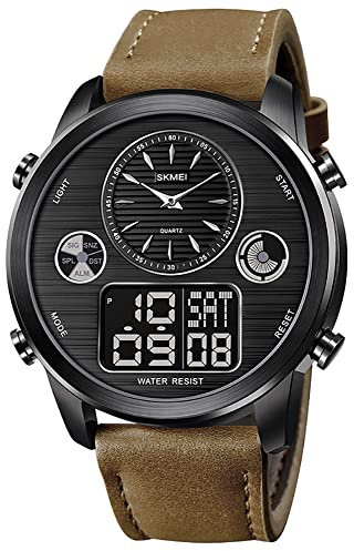 Gosasa Relojes deportivos militares para hombre, reloj de negocios, marca de moda, cronógrafo, cuenta atrás, fecha, reloj digital LED de lujo, resistente al agua, marrón + negro, Negocios
