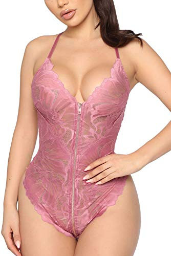 EVELIFE Body Donna Sexy Lingerie Pizzo Biancheria Intimo Trasparente Scollo V Un Pezzo Body con Cerniera Indumenti da Notte(Rosa Small)