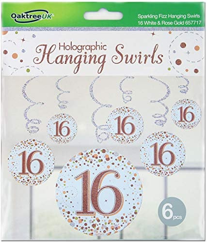 OakTree Sparkling Fizz Hanging Swirls 16th White & Rose Gold 6pcs