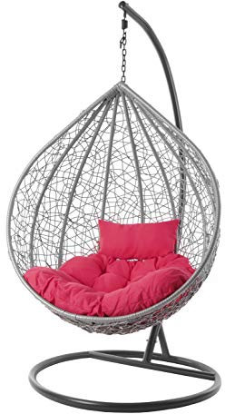 Kideo® Komplettset: großer Hängesessel mit Gestell & Kissen, Lounge Möbel, Poly-Rattan, XXL, grau (Kissen: pink Chesterstepp (3333 hot pink))