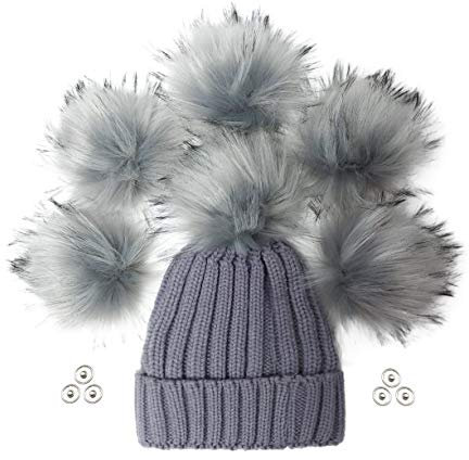 Furryvalley Kunstfell-Bommel, flauschige Bälle für Hüte, Schuhe, Schals mit Druckknopfverschluss, abnehmbare Strickmütze, Reithut, Seidenzubehör, 15,2 cm, Größe XL, Grau, 6 Stück