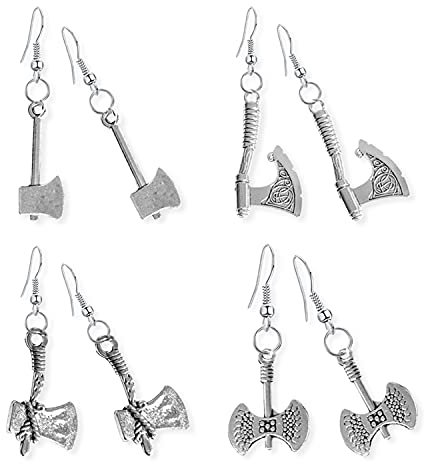 WUWEIJIAJIA 4 Pairs Unique Gothic Vintage Silver Axe Dangle Drop Earrings Sets for Women Statement, Zinc