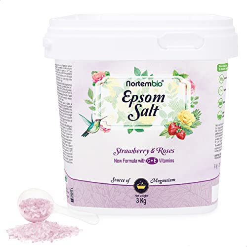 Nortembio Epsom Salz 3 Kg. Neuartigen Duft von Rosen und Erdbeeren. Hydratisiert mit Vitamin C und E. Badesalz und Körperpflege. E-Book Inklusiv.