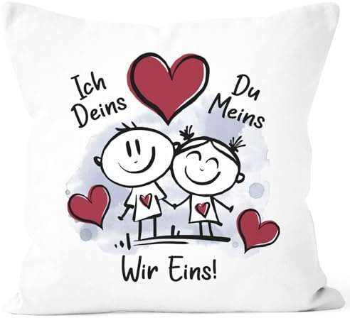 SpecialMe® Kissen-Bezug verliebte Strichmännchem Ich Deins Du Meins Herz Geschenk Valentinstag Jahrestag Weiss 40cm x 40cm