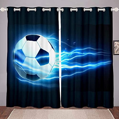 Loussiesd Football Curtains Blue Flame Soccer Curtain for Bedroom Living Room Kids Boys Teens Sports Windows Drapes W66*L72
