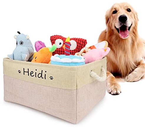 Personalised Dog Toy Box Storage, Foldable Dog Toy Basket with Cotton Handle, Puppy Toy Box for Organising Food Clothing and Dog Accessories,Customized Name and Paw Heart Print(Pink)