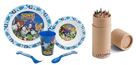 Sonic The Hedgehog - Juego de vajilla de personajes de dibujos animados de 5 piezas, plato, tazón, taza y cubiertos, plástico reutilizable sin BPA, apto para microondas, incluye juego de 12 lápices de
