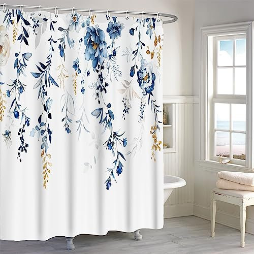 MIRRORANG Tenda da Doccia Fiore Blu, Tenda da Doccia Floreale Set con 12 Ganci, Tende da Bagno Tessuto Durevole Lavabile in Lavatrice, 180x180cm