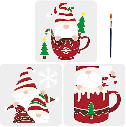MAYJOYDIY 3 Stück Weihnachtswichtel Schablonen 30×30cm Weihnachtsschmuck Wichtel Malschablonen Mit Pinsel Wiederverwendbare Vorlage Zum Malen Für Holz Wände Fenster Heimwerker Dekoration