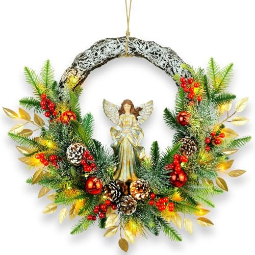 YULETIME 61 cm Engel Weihnachtskranz Künstlicher Urlaubskranz mit Harzengel Statue Natürlicher Rattanring & Tannenzapfen Goldene Blätter Rote Kugeln Fichtenzweige (Angel) (Keine Lichter)