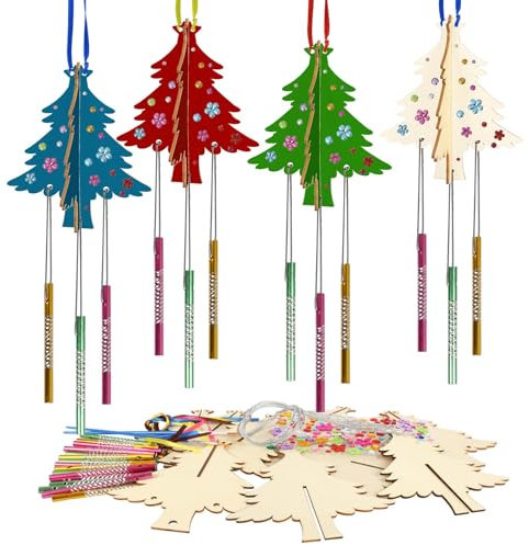 WEDNOK 6 Stück 3D Weihnachtsbaum Windspiel Bastelset Weihnachten Basteln Kinder Holz Weihnachtsdeko Bastelhandwerk zum Bemalen Kreativsets Klangspiele für Mädchen Jungen Weihnachten Winter