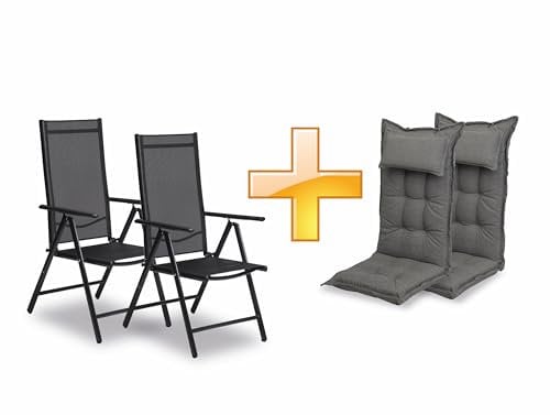 sunnypillow 2er Set Gartenstühle und Gartenstuhlauflagen Hochlehner | 120x50x9 cm Hochlehner Auflage wasserdicht UV-lichtecht | Klappsessel Klappstuhl für Garten Polsterauflagen Stuhlauflage | Grau