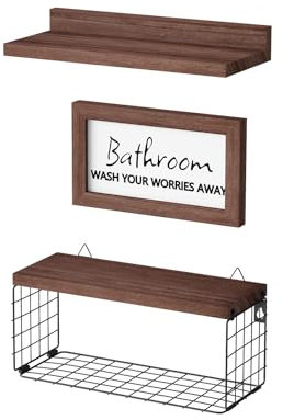 Yumyolk Schweberegale Wandregal, Holz Wandregale, Holzregale, 2 + 1+ 1 Stück, 40cm Regal Ohne Bohren für Schlafzimmer, Badezimmer, Wohnzimmer, Küche, Heimbüro, Waschküche (Braun)