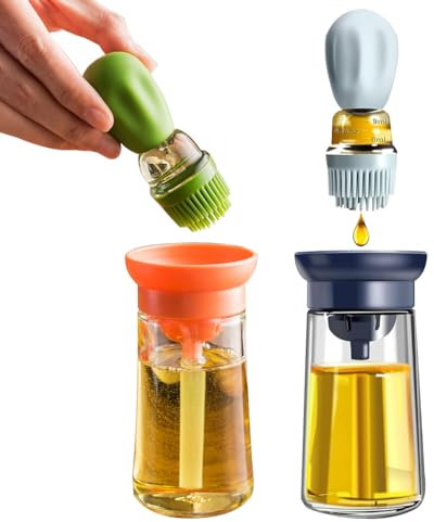 Mr dabo. Aceitera con Pincel Brocha de Silicona (verde). Dispensador de aceite con dosificador para cocina. Freir, hornear, barbacoa. Botella de vidrio con brocha para aceite de Oliva. 2 en 1.