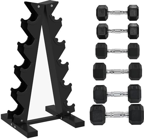 SPORTNOW 5-Tier Dumbbell Rack with 6 Hexagonal Rubber Dumbbells (2x4kg, 2x5kg, 2x6kg), Dumbbell Storage Stand Holder with Weights Sets for Home Gym Fitness, Black
