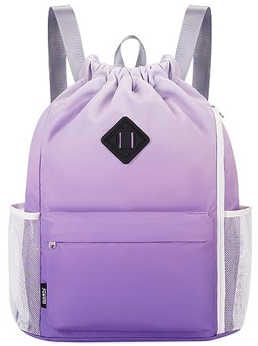 WANDF Drawstring Backpack Sports Gym Bag with Shoes Compartment, Water-Resistant String Backpack Cinch for Women Men (Purple Gradient,Large)