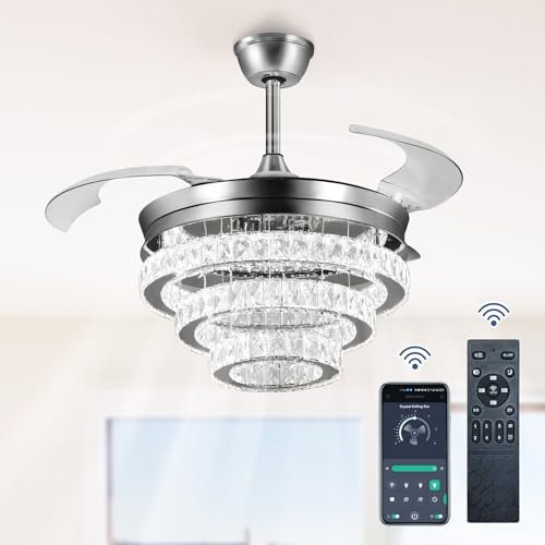 Depuley Modern Crystal Ceiling Fan with Lights, Invisible Blades Dimmable Ceiling Fan with Lamp, Retractable Crystal Chandelier Fan for Living Room Bedroom Kitchen,Remote Control, Sliver, 42Inch