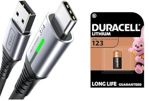 INIU USB C Charger Cable 2m 3.1A Type C Cable Fast Charging, Braided USB A to USB-C Phone Charger & Duracell High Power Lithium 123 Battery 3V, pack of 1 (CR123 / CR123A / CR17345)