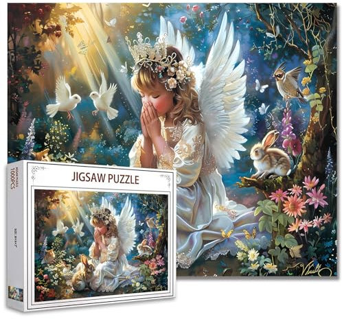 Tucocoo 1000 Teile Puzzles für Erwachsene Baby Engel Mädchen Malerei Jigsaw Puzzle Gebetlicher Engel im Wald 1000 Teile Puzzles für herausfordernde Familienaktivitätsspiel Tierkunst DIY Puzzle