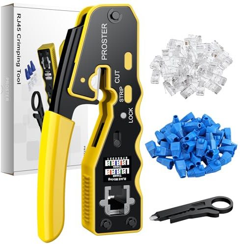 Proster Herramienta de Crimpado RJ45 CAT6 CAT5 CAT5e 8P Crimpadora RJ45 Pelacables Cortadora Multifuncion Alicates Compacto Grimpadora RJ45 con 50 Pcs Conectores de Paso CAT6 y 50pcs Cubiertas