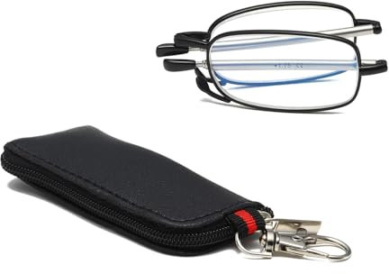 Hubeye Faltbare Lesebrille für Damen und Herren Tragbare Lesehilfe mit Teleskopstange und Reißverschluss Schlüsselanhänger Mini Anti Blaulicht Brille 1.50