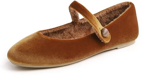 Feversole Women's Comfort Ballet Flats Strap Comfort Casual Mary Jane Shoes Camel Velvet Fur Lined Patent UK Size 6.5