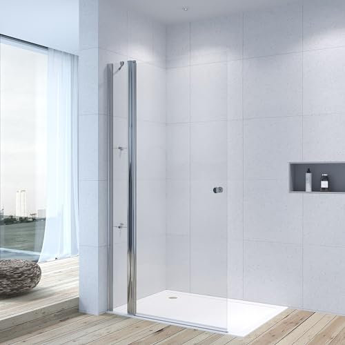Duschabtrennung Duschwand Glas 120 x 197 cm Walkin Dusche Duschtür rahmenlos Drehtür Schwingtür mit Festteil und Eckregale begehbare Dusche Glaswand Echtglas 6 mm Nanobeschichtung | ohne Magnetprofil